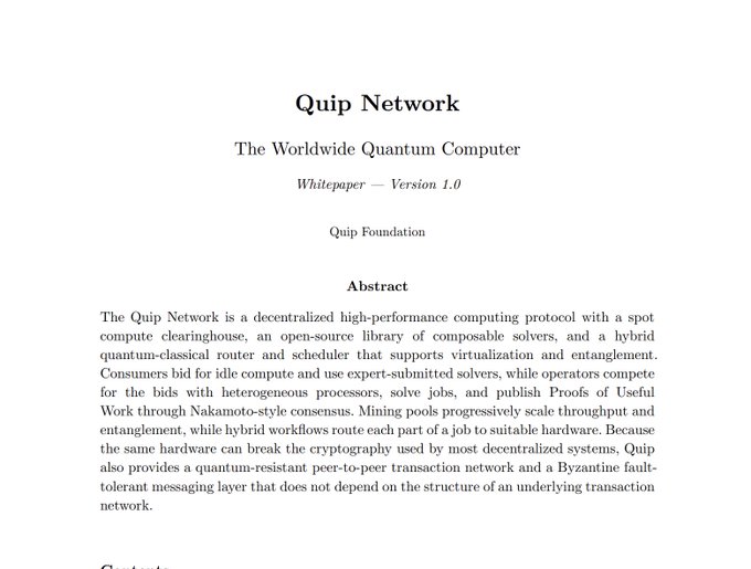 Title page of a whitepaper for 'Quip Network: The Worldwide Quantum Computer,' Version 1.0 by the Quip Foundation, featuring an abstract describing a decentralized high-performance computing protocol.