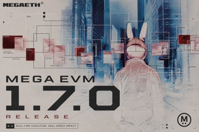 A promotional graphic for the "Mega EVM 1.7.0 Release" featuring a figure with rabbit ears against a stylized cityscape backdrop overlaid with technical measurement grids and data annotations. The image ties to the post by visually announcing the new mega-evm version 1.7.0, with the tagline "Real-time execution. Real-world impact" and MegaETH branding emphasizing the precision and performance improvements mentioned in the builder notes.