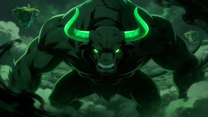 Fantasy illustration of a massive dark bull with glowing green horns and eyes, towering amidst clouds with floating islands in the background.