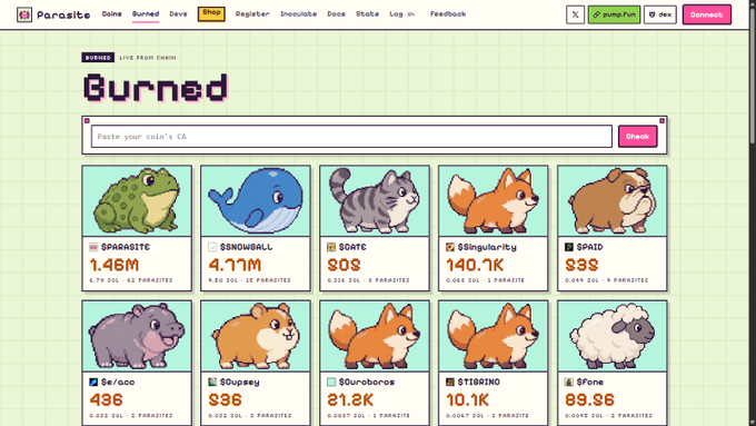 A webpage for a token called 'PARASITE' displays a 'Burned' section featuring a grid of cartoon animal characters like frogs, whales, cats, and dogs, each with a name and a balance in PARASITE tokens.