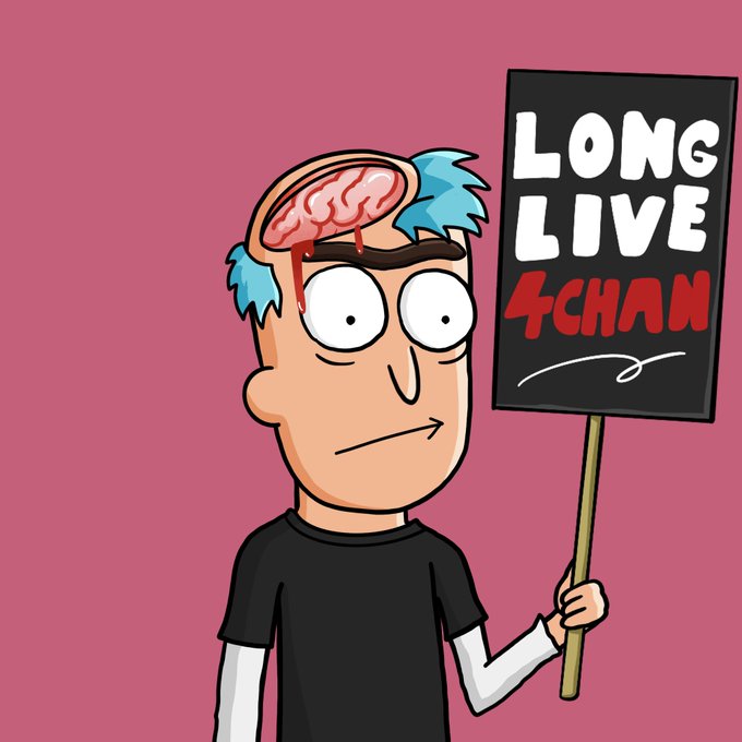 A cartoon illustration depicts a character with blue hair and an exposed brain wearing a black shirt, holding a sign that reads "LONG LIVE 4CHAN" against a pink background.