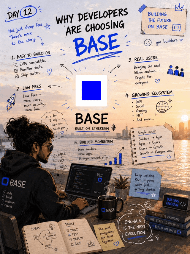 Day 12 infographic titled 'Why Developers Are Choosing Base' listing 5 reasons: Easy to Build On, Low Fees, Real Users, Growing Ecosystem, and Builder Momentum, with 'gm builders' and 'Keep building, Keep shipping' messaging.