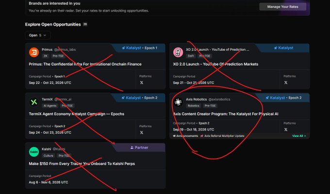 A screenshot of a crypto dashboard showing 'Explore Open Opportunities' with campaigns for Primus, XO 2.0 Launch, TermX, Axis Robotics, and Kaishi, with red X marks crossing out the first four while a red circle highlights the Axis Robotics Katalyst Epoch 2 campaign.