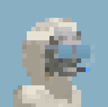 A low-resolution pixel art rendering of an astronaut or figure in a white and blue suit against a light blue background.