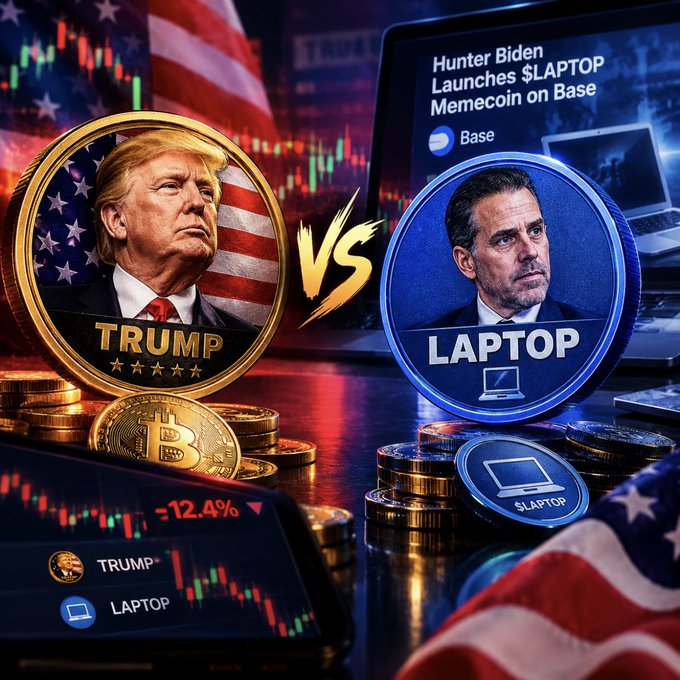 A promotional crypto graphic shows two competing coins: a gold "TRUMP" coin featuring Donald Trump against an American flag backdrop, and a blue "LAPTOP" coin featuring Hunter Biden, with text reading "Hunter Biden Launches $LAPTOP Memecoin on Base."