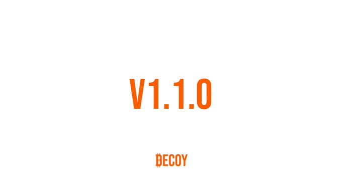 A minimalist white screen displaying 'V1.1.0' in large orange text with the brand name 'DECOY' in smaller letters below.