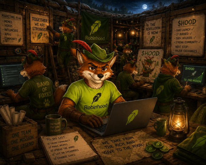 A troupe of anthropomorphic foxes in Robinhood-branded apparel gather in a sandbag bunker at night, working on laptops and laptops amid hand-painted signs reading "The Revolution is Now," "$HOOD Fair Launch · LP Burned · 500+ Holders," "To The Moon," and "$HOOD To The People," with desk notes referencing "Band of Foxes" and "To-Do List" items like "Grow Community, Make Memes, Spread the Word, List on Exchanges, Change Lives," alongside the Robinhood logo and slogan "We Take From the Rich and Give to the Poor" — visually echoing the post's defiant "$HOOD" rallying cry and "writing on the wall" message about retail traders seizing the moment.