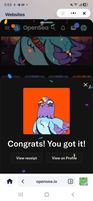 A mobile screenshot from opensea.io showing a "Congrats! You got it!" confirmation popup for successfully minting a Wingston NFT by @RallyOnChain, featuring a purple and blue bird-like character on an orange background with confetti effects.
