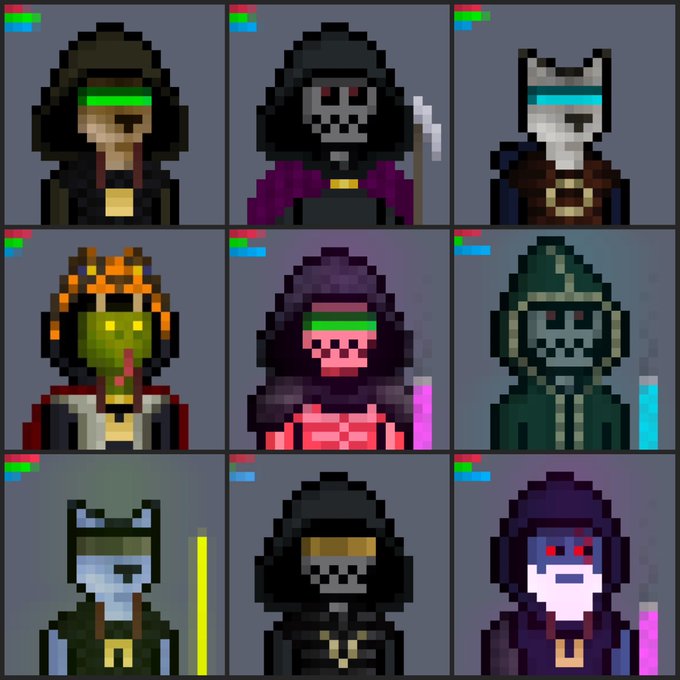 A 3x3 grid of pixel-art hooded character portraits featuring various fantasy creatures (skull, demon, fox, alien, and human-like figures) with colorful health bars in the corners, representing the NFT collection "Cloaks" on the Ethereum blockchain.