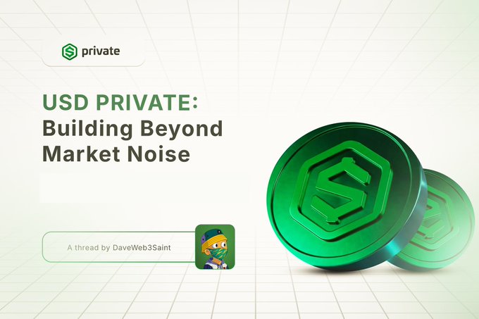 The image features two green coins with a dollar sign symbol on them placed on a white background. The text "USD PRIVATE: Building Beyond Market Noise Most digital assets spend their lives reacting to headlines, fear, leverage, and market sentiment" is written above the coins. This message suggests that the coins are not affected by market fluctuations or trends but rather rely on a programmed economic approach for growth and stability.