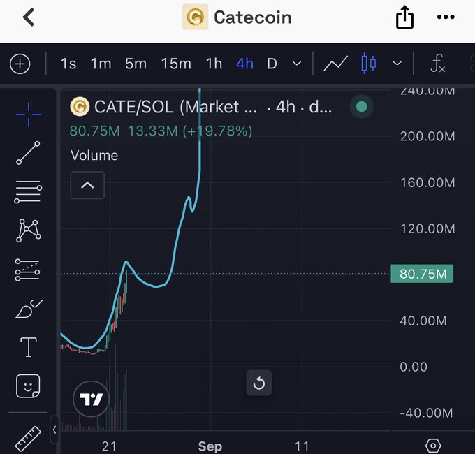 A TradingView chart of Catecoin (CATE/SOL) shows a dramatic 19.78% surge to 80.75M on the 4-hour timeframe, illustrating the meme coin's sharp upward "squiggly line" the poster references in their boast about the trade working out.