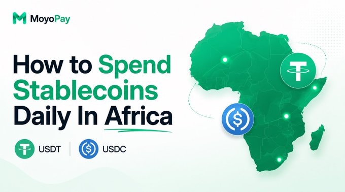 A promotional graphic for MoyoPay featuring a green map of Africa with USDT and USDC stablecoin icons, headlined "How to Spend Stablecoins Daily In Africa," illustrating the company's service that allows users to pay for everyday expenses in local currency while maintaining their dollar-denominated holdings.
