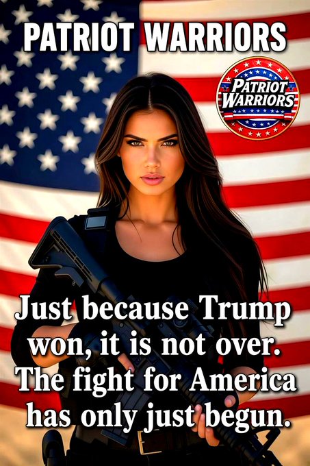 A "Patriot Warriors" promotional graphic features a woman holding a rifle in front of an American flag, with text declaring "Just because Trump won, it is not over. The fight for America has only just begun." The image's call for continued vigilance against threats aligns with the post's warning about ongoing dangers like Hamas-linked cryptocurrency fundraising schemes targeting America.