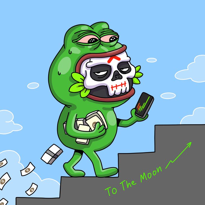 A weary Pepe the Frog wearing a skull mask climbs stairs clutching cash and a phone displaying a rising green chart, with scattered dollar bills trailing behind and the text "To The Moon" written along the ascending steps—illustrating $PEPE's upward momentum despite $ETH's decline.