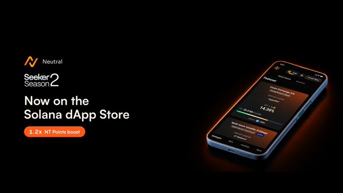 The image features a black phone screen displaying an app store page for "Neutral Trade". It showcases a cell phone that has been placed on the Solana dApp Store, indicating its availability for users. The backdrop of the image is dark grey, which provides a stark contrast to the phone and the vibrant orange background below it. Below this central display of the smartphone and app store page, there's text providing more information about the "Neutral Trade" app on the Solana dApp Store, particularly highlighting its 1.2x NT Points boost for qualified deposits.