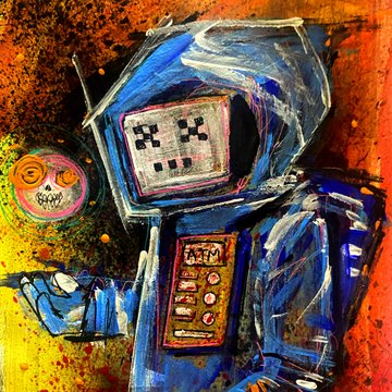 A vibrant paint and ink illustration on paper depicts a blue-hooded, TV-headed zombie figure alongside a smaller grinning orange face, tying into the post's theme of "2 new zombies dropped" by Trisk_xrp and ATM_xrpl. The atmospheric splatter background in fiery orange and yellow tones reinforces the mood of creative breakthrough described in the caption.