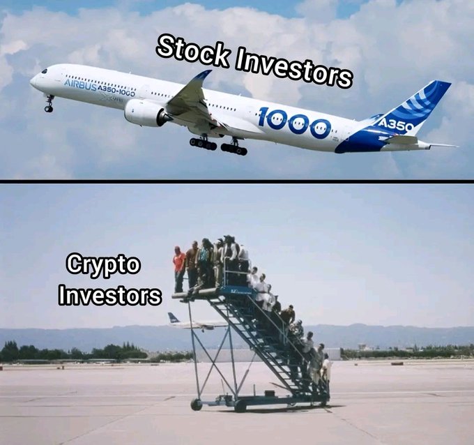 A meme comparing 'Stock Investors' (shown boarding a luxury Airbus A350 airplane) with 'Crypto Investors' (shown climbing a crowded outdoor boarding staircase).