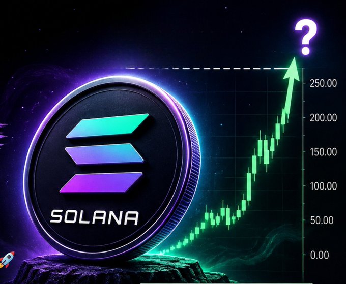 A glowing Solana (SOL) cryptocurrency coin displayed next to a green candlestick price chart trending sharply upward, with a question mark icon above.