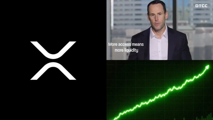 The image features the XRP logo alongside a screenshot of a DTCC video featuring a spokesperson discussing how "more access means more liquidity," paired with a glowing green upward-trending chart. The composition visually reinforces the post's claim about Ripple Prime's official integration into DTCC's massive $3 quadrillion post-trade securities processing ecosystem.