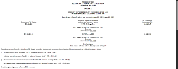 Form K filing from the SEC (Commission File No. 333-295863) dated August 20, 2024, showing BSTR Holdings, Inc. (901 N Market St, Suite 100, Wilmington, DE 19801) reporting incorporation under Delaware and listing Teleplus Communications and BSTR Notes LLC (Commission File No. 333-295863-01) at the same Wilmington address. The filing relates to the reported termination of BSTR's SPAC merger plan with Cantor Equity Partners I, which now requires BSTR Holdings to pay $10M by September 19 and $5M by December 1, or potentially have Blockstream Capital Partners cover the payments instead.