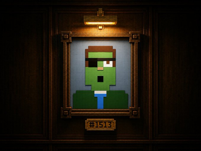 A framed pixel-art portrait of a green-faced character wearing a black eyepatch and tie, labeled '#1513' on a gold nameplate beneath the frame.