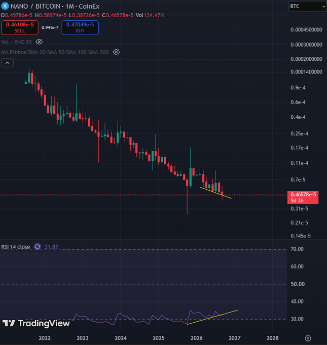 A TradingView candlestick chart for NANO/BITCOIN showing a clear downtrend from 2022 to 2027, with price around 0.46108e-5, RSI at 31.87, and bullish divergences marked on both price and RSI.