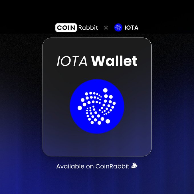 Promotional graphic for the IOTA Wallet available on CoinRabbit, featuring a blue IOTA logo on a dark background.