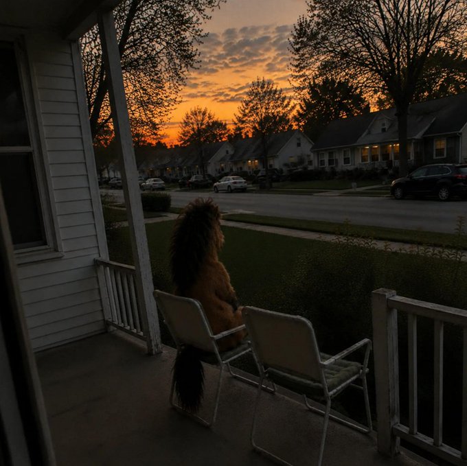 A small pony stands on its hind legs on a chair on a porch, gazing out at a suburban street at sunset with orange and pink hues in the sky.