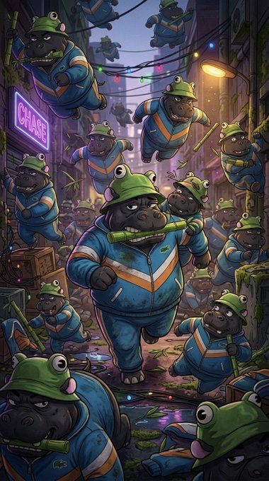 A colorful digital illustration depicts multiple cartoon hippos wearing green frog hats and blue tracksuits with orange stripes, running through a cyberpunk-style alley with a neon "CHASE" sign visible.