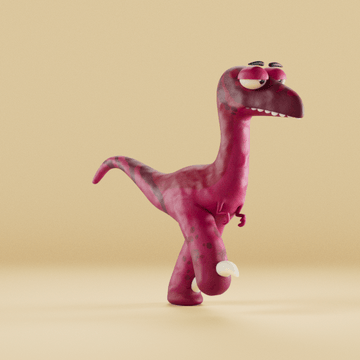 A pink clay-like figure of a dinosaur character with bulging eyes stands against a pale yellow background.