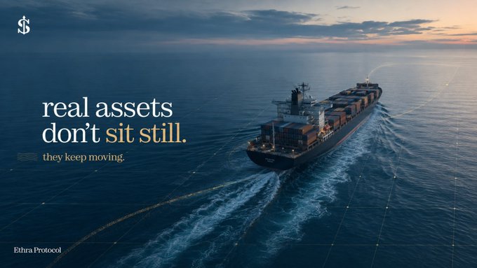 An advertisement for Ethira Protocol showing a cargo ship at sea with the tagline 'real assets don't sit still. they keep moving.'