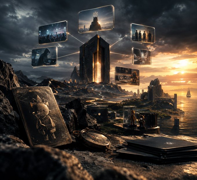 A fantasy landscape with a towering monolith at sunset, surrounded by floating holographic screens and a book featuring a crowned character in the foreground.