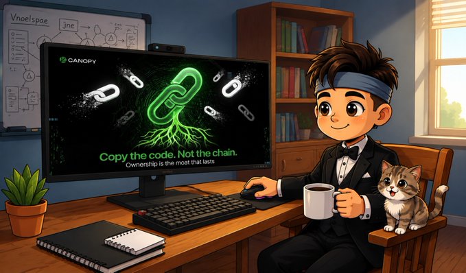 An anime-style image of a young man in a tuxedo sitting at a computer desk with a cat on the chair beside him; the monitor displays 'CANOPY' and the slogan 'Copy the code. Not the chain.'