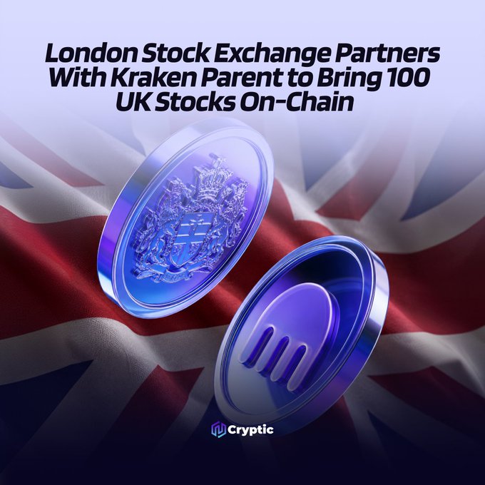 Two blue coins float against a Union Jack backdrop: one displays the Royal Coat of Arms of the United Kingdom, while the other features the "Cryptic" logo. The headline reads "London Stock Exchange Partners With Kraken Parent to Bring 100 UK Stocks On-Chain," visually reinforcing the post's announcement of LSE's partnership with Payward (Kraken's parent) to tokenize the UK's 100 biggest listed companies into 24/7-tradable xStocks by 2027.