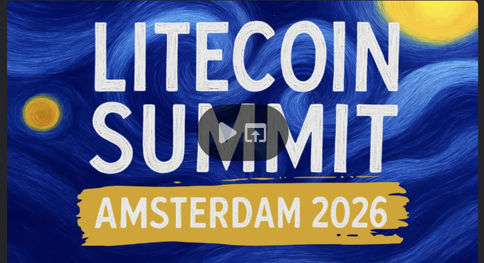 Promotional graphic for "LITECOIN SUMMIT AMSTERDAM 2026," featuring the event title in white lettering over a Van Gogh "Starry Night"-inspired blue swirling background with yellow celestial accents, relating to the post announcing day two of the $LTC summit via YouTube live stream.