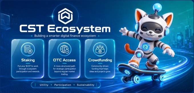 The image features a cartoon cat riding a skateboard down a street. The caption of the image reads "@csttoken caught my attention because it is not positioning itself as just another token. It is building a digital finance ecosystem around three main layers: ✦ Staking ✦ OTC Access ✦ Crowdfunding A simple idea, but with real utility behind it". This post seems to be promoting an innovative concept or product related to cryptocurrency and financial technology.