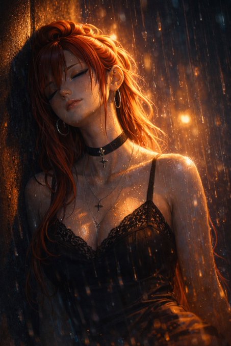 A young woman with long auburn hair leans against a wall with her eyes closed, wearing a black lace top, choker with a cross, and cross necklaces, while standing in the rain illuminated by warm golden light. The dreamy, atmospheric scene perfectly matches the "GN my loves Sweet Dreams" message, evoking a peaceful, nighttime mood.