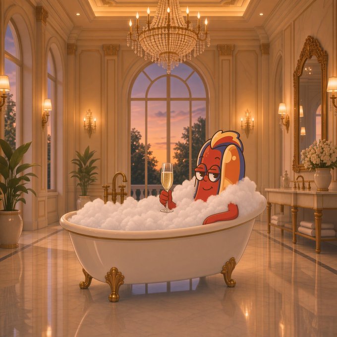 An animated hot dog character wearing sunglasses relaxing in a bubble bath inside a luxurious bathroom while holding a champagne glass.