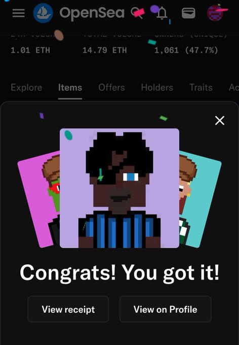 OpenSea mobile app screen celebrating an NFT purchase with a pixel-art character portrait and the text 'Congrats! You got it!'.