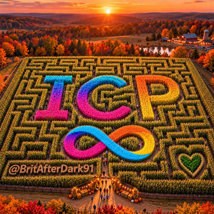 An aerial view of a large corn maze featuring 'ICP' and an infinity symbol in vibrant, gradient colors, with the handle '@BritAfterDark91' at sunset.