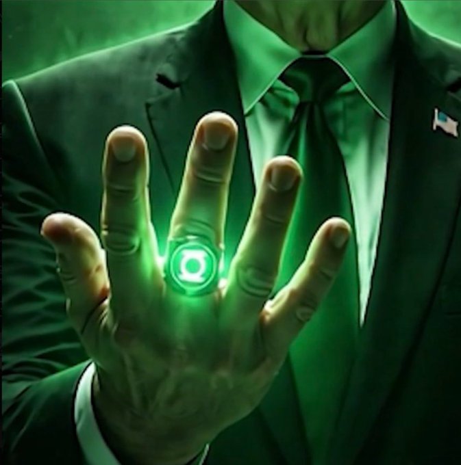 A man in a dark suit and tie holding up his hand, displaying a glowing green lantern ring on his finger in a dark, moody setting.