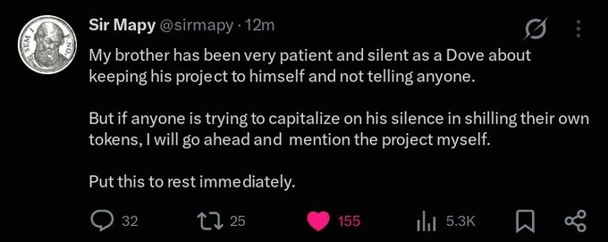 A tweet from Sir Mapy (@sirmapy) stating his brother has been patient about keeping his project private, warning that he will expose anyone trying to shill their own tokens using his brother's silence.