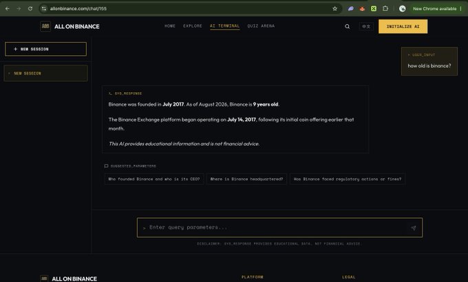 A screenshot of the 'allonbinance.com' website displaying an AI response stating 'Binance was founded in July 2017. As of August 2026, Binance is 9 years old' in response to the query 'how old is binance?'.