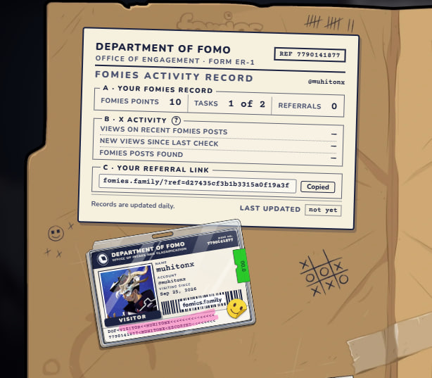 A digital document styled as a manila folder from the 'DEPARTMENT OF FOMO' showing a 'FOMIES ACTIVITY RECORD' for user 'muhitonx', displaying 10 points, 1 task completed, and a referral link, along with an ID card.