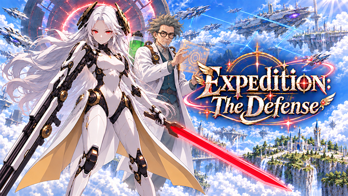Promotional artwork for the video game "Expedition: The Defense," featuring a white-haired anime-style female character with a red energy sword alongside a male character in a lab coat, set against a sci-fi sky landscape with floating islands.