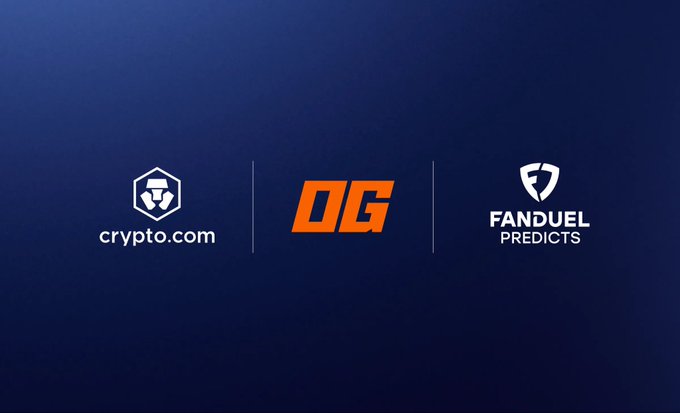 The image features a blue background with three logos - one for @cryptocom, another for @OG_com, and a third for FanDuel Predicts. The logos are arranged vertically against the blue background, creating an eye-catching display of the companies' branding.