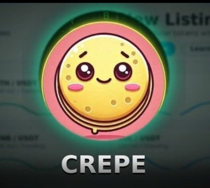 The image features a cartoon doughnut with eyes, nose, and mouth, and it reads "CREPE" above and below the doughnut. The doughnut is set against a green background that looks like a clock or a calendar. There are also some numbers displayed in the bottom right corner of the frame. A small text box is visible on this background, which says "I'm feeling bullish on $CREPE $CREPE count down start now $50b MCAP loading".