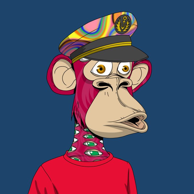 A cartoon illustration of a red Bored Ape-style NFT character wearing a colorful captain's hat with an anchor emblem.