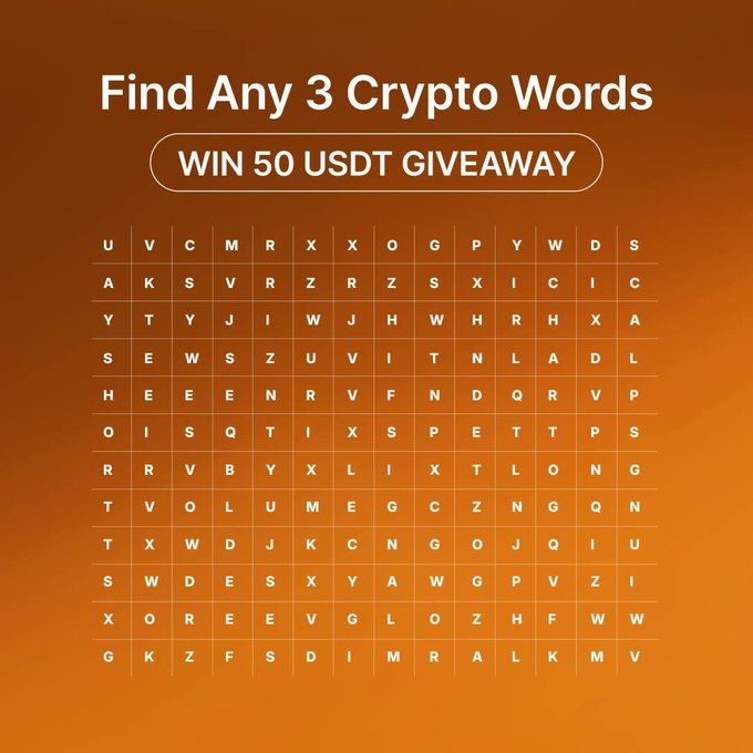 An orange word search puzzle titled "Find Any 3 Crypto Words" with a "WIN 50 USDT GIVEAWAY" banner, displaying a 12x12 grid of letters where participants could find crypto-related terms to win a $50 USDT prize.