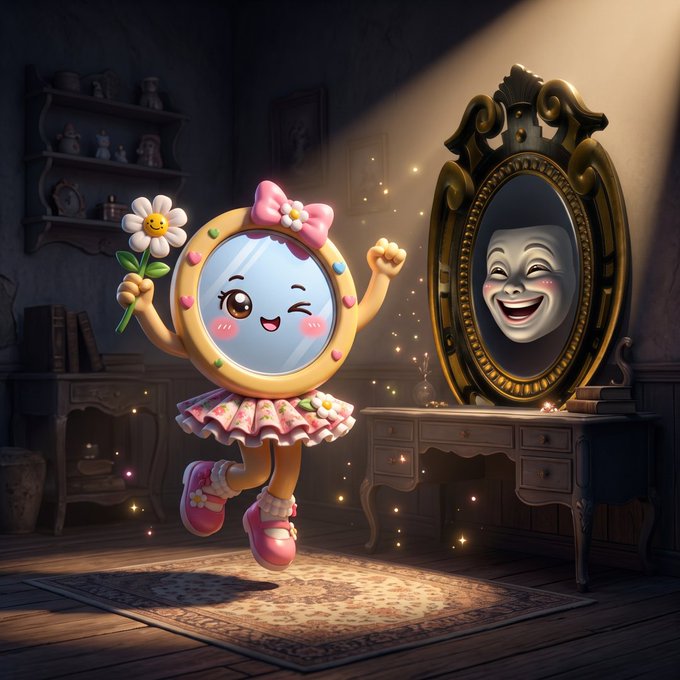 A 3D rendered illustration shows a cute, anthropomorphic hand mirror holding a flower next to a vintage mirror with a creepy smiling mask reflection.